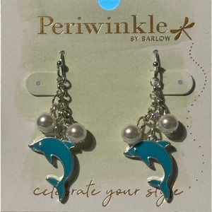Periwinkle by Barlow Dolphin Dangle Earrings in Silver and Blue with Faux Pearls